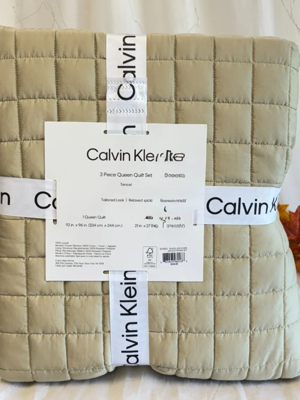 Calvin Klein Tencel Green F/Queen Quilt & Shams Box Stich  3PC set  New $334
